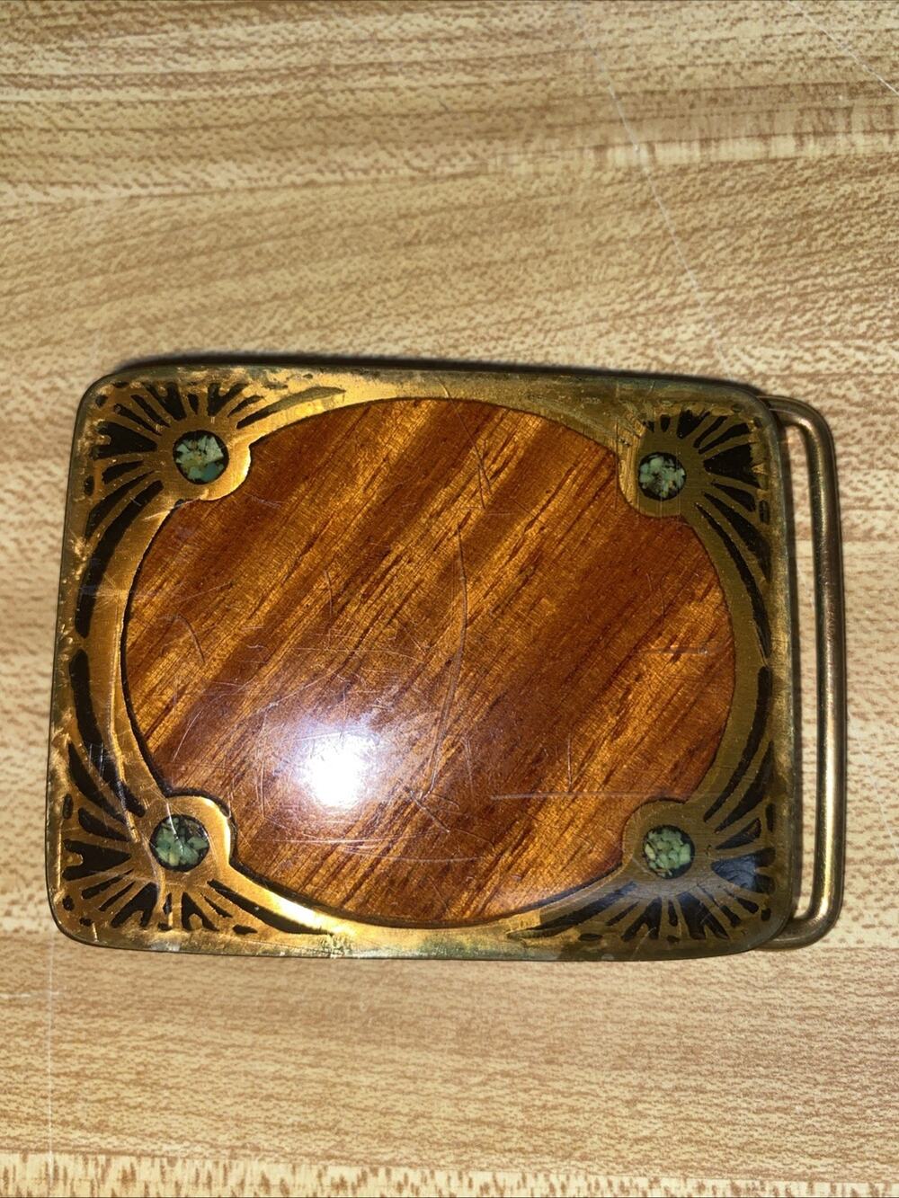 VTG Exotic Wood Inlay Brass Turquoise 70s Belt Buckle Harmony Metal Colorado USA
